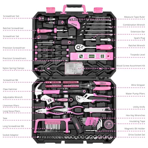 DEKOPRO Tool Set: 228 Piece Home Tool Kit, Household Basic Repair Tool Set Comes with Storage ToolBox, Socket Wrench Set for Car, Hand Tool Box Set for Home - Pink - color: Pink