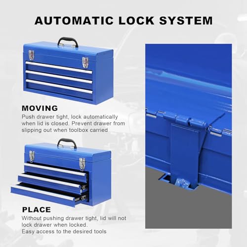 3 Drawer 20“ Metal Tool Box Portable Steel Tool Chest with Metal Latch Closure for Garage, Home and Workbench, Blue - size: 20Inch-BLUE