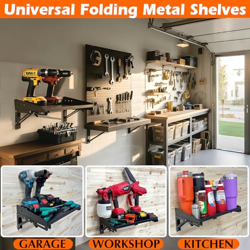 MUTUACTOR Heavy Duty Wall Mounted Shelf,2-Pack Wall Storage Shelves for Garage Storage,15.7” Foldable Metal Shelves Wall Mounted for Garage,Kitchen,Laundry Room,Workshop - style: 2 PCS Heavy Duty Garage Wall Shelves