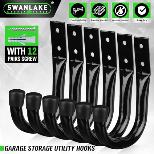 Heavy Duty Garage Storage Hooks, 6-piece Bike Hooks for Garage Wall, Utility Garage Hooks, Wall Mount J Hook for Hanging, Large Metal Storage Organizer Tool, Extension Cord Hanger - color: 6-Piece Black