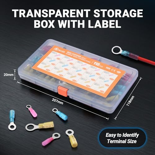 112Pcs Marine Grade Heat Shrink Ring Connectors Kit #10,1/4",5/16",3/8", Thickened Tinned Red Copper Wire Terminals, 3:1 Waterproof Insulated Crimp Connector Assortment for Boat Automotive RV