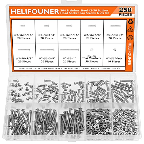 HELIFOUNER 250 Pieces #2-56 x 3/16" 1/4" 5/16" 3/8" 1/2" 5/8" 3/4" 1", Button Head Socket Cap Screws Bolts Washers Nuts Kit, Coarse Thread, Fully Machine Threaded, 304 Stainless Steel - size: #2-56, style: Button Head