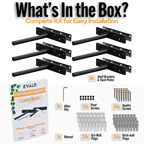 EVALD LevelMate™ Titan-Mount 6 Inch Floating Shelf Brackets, Heavy Duty Hidden Shelf Brackets for Floating Shelves, Black Carbon Steel Shelf Supports with Screws & Anchors (6 Pack) - size: 6 Inch, style: 6 Pack Titan-mount