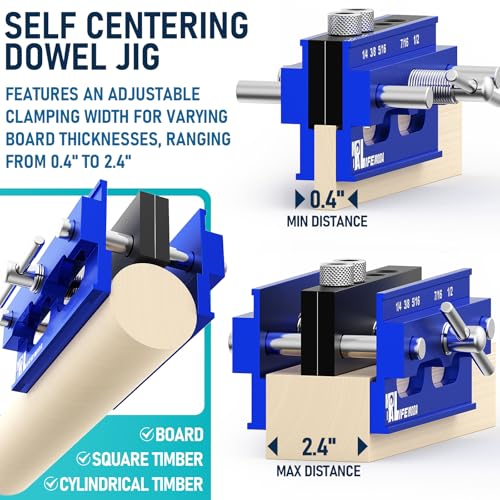 Self Centering Doweling Jig Kit, Drill Jig For Straight Holes Biscuit Joiner Set With 6 Drill Guide Bushings, Adjustable Width Drilling Guide Tool Accessory Jigs (Blue) - size: Small