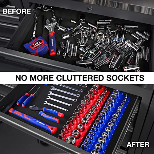 WORKPRO 3/8-inch Magnetic Socket Organizer Set, 2-Piece SAE & Metric Socket Holders, Holds 56 Standard and Deep Sockets for Tool Box, Tool Carts (Sockets Not Included) - size: 3/8" SAE&Metric