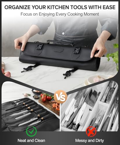 XINZUO 9-Slot Leather Chef Knife Roll Bag with Strap - color: All-black microfiber knife roll