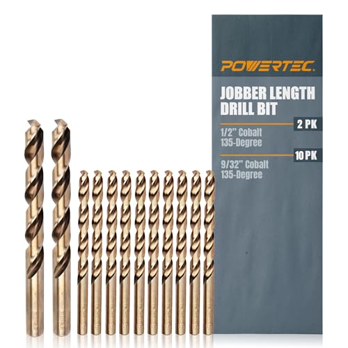 POWERTEC 1/2" & 9/32" Cobalt Drill Bits - 12 Pack - M35 HSS Jobber Length Twist Bits with 135° Tip for Drilling Wood, Metal, Stainless Steel, Nickel Alloy, Cast Iron & Plastic (QDB2103) - style: 12PK 1/2" & 9/32" Cobalt Drill Bits (M35 135°)