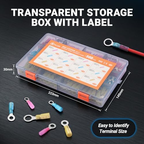 300Pcs Marine Grade Heat Shrink Ring Connectors Kit #10,1/4",5/16",3/8", Thickened Tinned Red Copper Wire Terminals, 3:1 Waterproof Insulated Crimp Connector Assortment for Boat Automotive RV