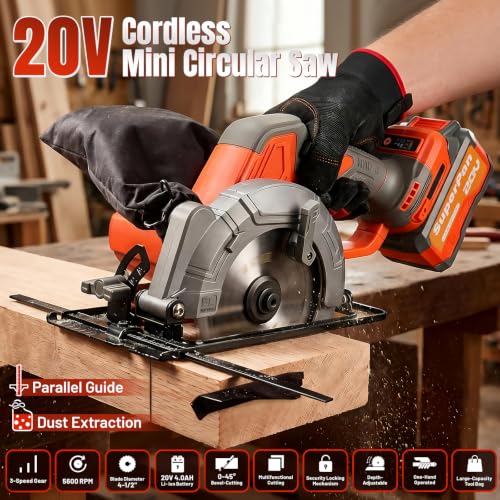 21V Cordless Mini Circular Saw, 4-1/2" Compact Wireless Circular Saw 6.0Ah Battery, Charger, 3 Blades, 5600RPM, Large-Capacity Tool Bag, Max Cutting Depth 1-11/16"(90°), 1-1/8"(45°)