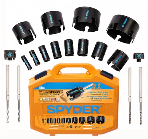 Spyder 18-Piece Tungsten Carbide Tipped Hole Saw Kit, 12 Hole Saws, 2 Arbors, 4 Pilot Bits, Rapid Core Eject - size: 18-Piece Set