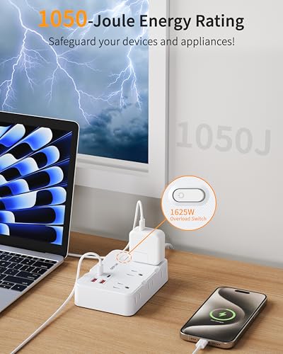 DEPOW 2 Prong to 3 Prong Adapter Power Strip-6 Outlets 4 USB Port (2USB-C - color: White, size: 5 FT(2 prong plug)