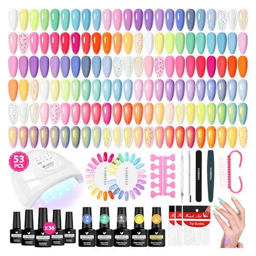 VANREESA Gel Nail Polish Kit with U V Light 53 Pcs Gel Polish Nail Set 36 Sweet Colors Nail Polish Set with Base Coat and 4 Effects Top Coat Manicure Tools Complete Nail Kit Gifts for Women Girls - color: Sweet Juice