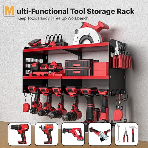 Spampur Power Tool Organizer Wall Mount with Charging Station - color: Red, size: 8 Slots