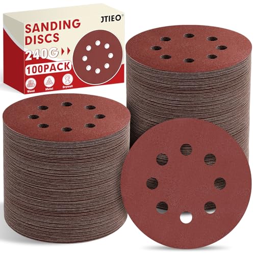 JTIEO 100PCS Sanding Discs 5 Inch, 220 Grit Orbital Sander Pads, Hook & Loop Sandpaper Pads, 8 Hole Round Sanding Discs for Random Orbital Sanders - style: 220Grit-100pcs