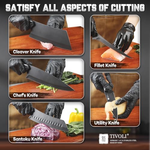 TIVOLI Kitchen Knife Set 5pcs - Chef Knife Set with Full Tang Wooden Handle - size: 8.1