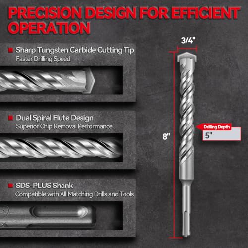 SALI SDS Plus Rotary Hammer Drill Bit Set,3/4" x 8", 10-Pack, Carbide-Tipped Masonry Bits for Concrete, Brick & Stone with Storage Case - size: 3/4"*8"