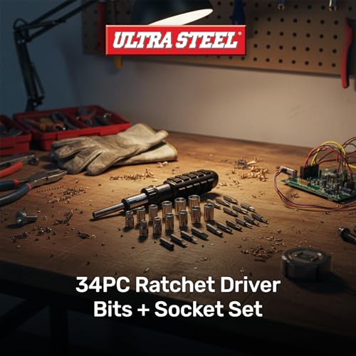 34PC Reversible Ratchet Wrench Driver Set, Bits and Sockets