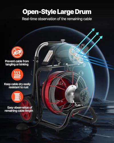 VEVOR Drain Cleaner Machine 100FT x 3/8 Inch, Auto Feed Sewer Snake Auger on Wheels, 370W Portable Drain Cleaning Machine with 8 Cutters & Air-activated Foot Switch for 2" to 4" Pipes - style: 100 FT x 3/8''