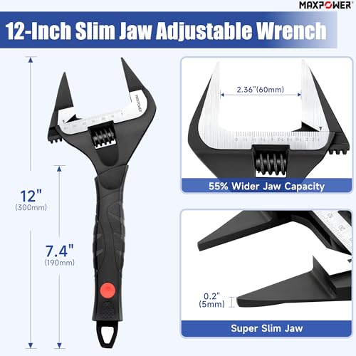 MAXPOWER 12-inch Slim Jaw Adjustable Wrench, Extra Thin Jaw Wide Opening Adjustable Wrench, Dual Scale with Metric and SAE, Soft Grip Handle - size: 12"
