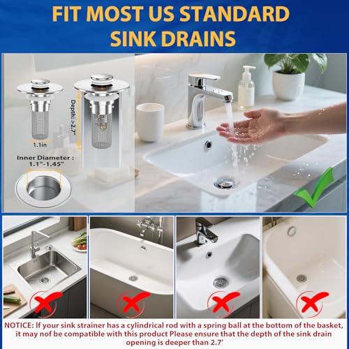 Bathroom Sink Drain Strainer, Pop-Up Bathroom Sink Stopper with Removable Stainless Steel Hair Catcher Basket, Universal Fit for US Bathroom Sinks, Showers & Floor Drains (3pcs) - color: 3pcs