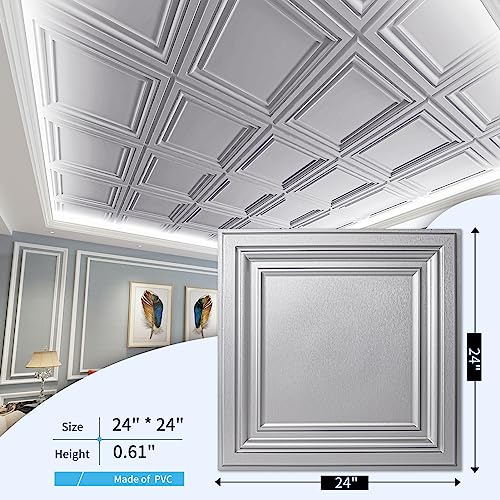 Art3d Paintable 3D Ceiling Tiles, 2 x 2 ft, 13-Pack, Argent Silver - color: Brushed Silver, size: 24"x24"