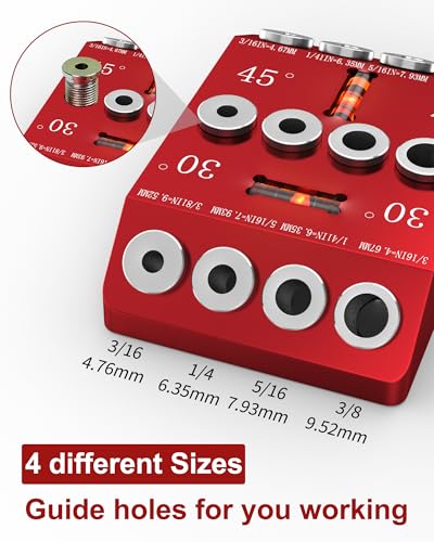 30 45 90 Degree Angle Drill Guide Jig for Hand Drill, Angle Drill Guide for Straight Holes and Angle Drilling, used for Stairs Handrails, Cable Railings, Decks, and Wood Posts Level design，with 4 Bits - color: Aluminum Red
