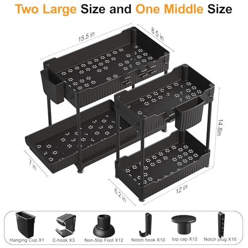 Sevenblue 3-Pack 2-Tier Under Sink Organizers with Sliding Drawers - color: Black, size: 14.8 Inch