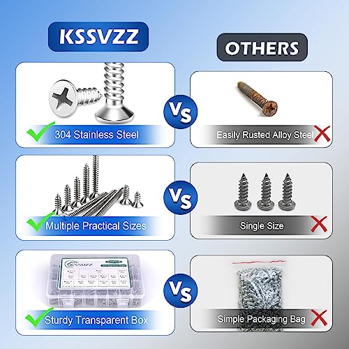 520PCS Wood Screws Assortment Kit - Stainless Steel Self Tapping Screw Set, Assorted Small Self Drilling Drywall Screws with Case, #4#6#8#10 Phillips Flat Head Sheet Metal Screws, Length 1/4" to 3"