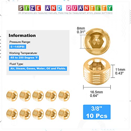 Glarks 10Pcs Brass 3/8'' NPT Male Pipe Plug Fitting Set Internal Hex Thread Socket Pipe Plug Kit - size: 3/8''NPT