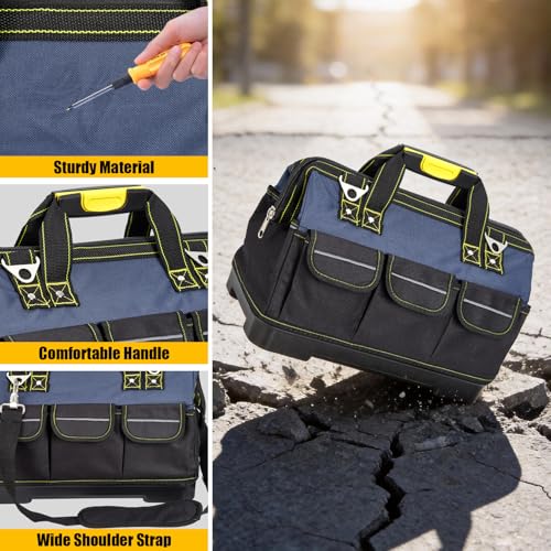 Garvee Heavy Duty 19 Inch Tool Bag with Waterproof Plastic Molded Base, Oxford Fabric Wide Mouth Tool Tote Organizer with Adjustable Shoulder Strap, for Men Mechanic Contractor, Blue