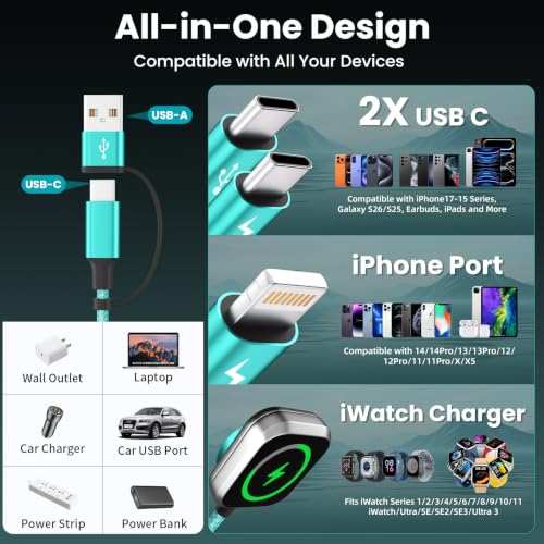 Travel Essentials Multi Charging Cable with iWatch Charger/2 USB-C/IP, 5FT - color: Emerald, size: 1Pack 5FT