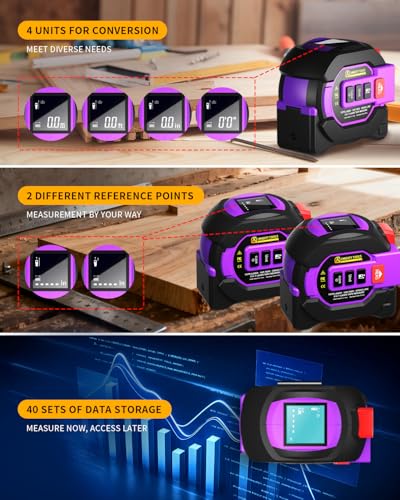 3 in 1 Digital Laser Tape Measure, 197ft/60m Laser Distance Meter, 16ft/5m Digital Tape Measure with Cross Line, AutoLock, ft/in/m Unit Switch, Measure Area, Volume, Pythagorean