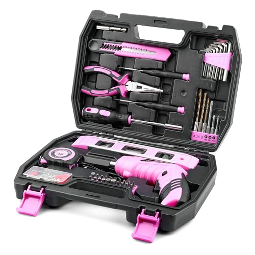 URASISTO 123 Piece Pink Household Tool Set with 3.6V USB Electric Screwdriver, Home Tool Kit with Cordless Lithium-ion Drill Driver, HandTool Kits for Women - size: 123 Piece