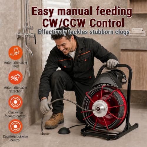 HoldwellS 75FT x 3/8 Inch Drain Cleaner Machine, Manual Feed Sewer Snake, Stationary Portable Drain Auger Equipped with 4 Cutters & Air-Activated Foot Switch for for 2-4 inch Pipes - color: 75FT x 3/8inch (Manual Feed)