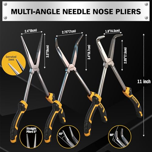 3-Piece 11 Inch Long Reach Pliers Set with 3 Magnetic Plier Racks, Extra Long Needle Nose Pliers Set Includes Straight, 45° & 90° Bent Nose Plier, Pliers Tool Set for Tight Spaces - style: 3pcs Long Reach