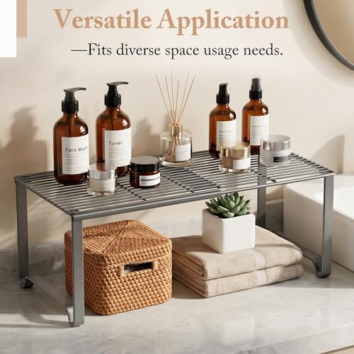 Extendable Metal Wire Shelf Organizer - Adjustable 15-24.4in Length, Stackable Storage Rack for Kitchen/Pantry/Bathroom/Shoe Cabinet/Tool Closet (Gunmetal, 2 Pack) - color: Gunmetal, size: 2 Pack