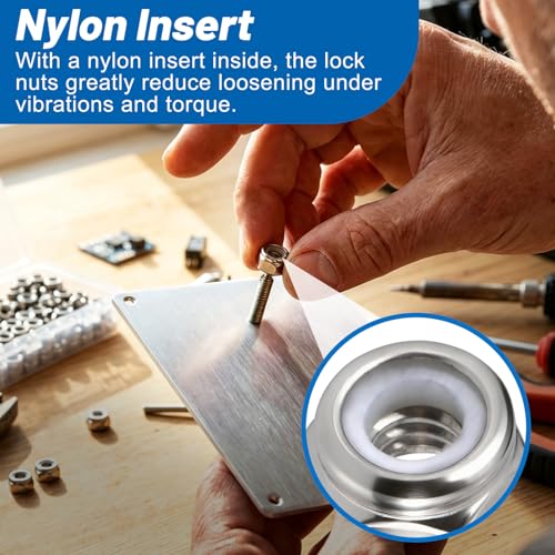 180 Pcs 1/4" Lock nut, 304 Stainless Steel Hex Nylon Insert Locknuts, 1/4-20 Inch Lock Nuts Coarse Thread SS Self-Locking Hardware Assortment Kit, SAE Locknut Set for Industrial & DIY Fastening - size: SS 1/4"-20 180PCS Nut