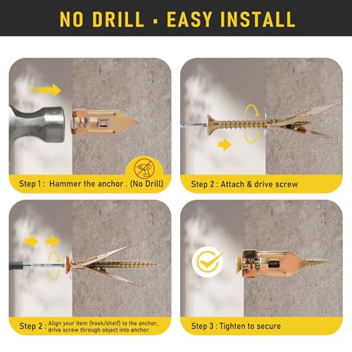 Self Drilling Drywall Anchors Kit, FIXLINK 100PCS Sheetrock Anchors & Screws, Zinc Plated Steel, No Drill or Holes in Wall, for TV, Wall Hanging, Cabinets - size: 1 Size 100 PCS