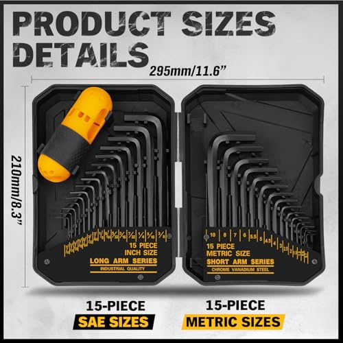 ELEAD 31-Piece Hex Key Set - Allen Wrench Set, SAE and Metric Allen Keys MM(0.7mm-10mm) SAE(0.028"-3/8) Heat-Treated, Torque Handle, High Leverage, Long & Short Keys, Easy Organization - style: 31-Piece Hex Key Set