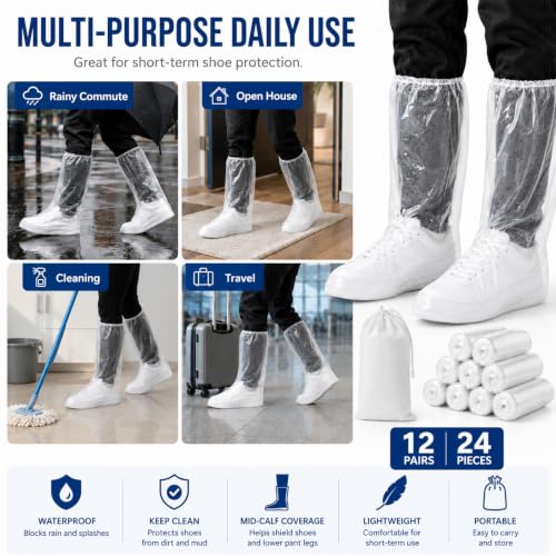 Waterproof Shoe Covers, 12 Pairs Clear PE Mid-Calf Boot Covers