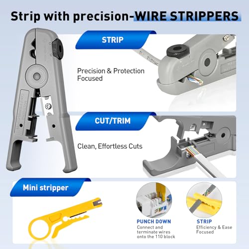 RJ45 Crimp Tool, Cat7 Cat6 Cat5 Crimping Tool Kit with Wire Cutter, Network Cable Tester, Mini Cable Stripper, 50xCat6 Connectors, 50xRJ45 Boots, Ethernet Crimper for Network Cable Installation