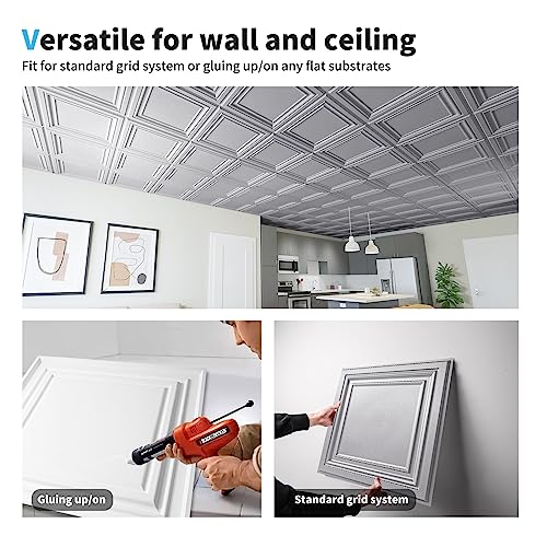 Art3d Paintable 3D Ceiling Tiles, 2 x 2 ft, 13-Pack, Argent Silver - color: Brushed Silver, size: 24"x24"