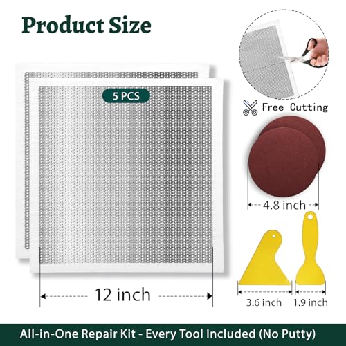 Drywall Repair Kit 12 x 12 Inch Drywall Patch Kit Large Hole (5Pcs) Wall Patch Repair Kit for Ceiling Large Holes Heavy Duty Extended Self-Adhesive Mesh Dry Wall Patches Kits with Scraper Sandpaper