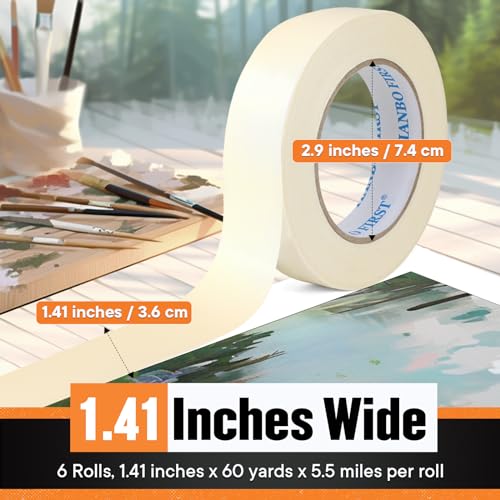 Beige White Masking Tape, 1.41 Inches Wide x 60 Yards, 6 Rolls - size: 1.41 Inches x 60 Yards