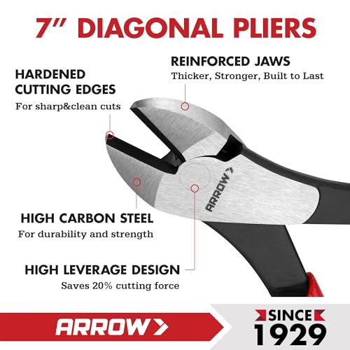 ARROW 7" High Leverage Diagonal Cutting Pliers, Heavy Duty Wire Cutters with Comfortable Grip, Side Cutters for Cutting Wires (Pack of 2) - size: 7 INCH (Pack of 2)