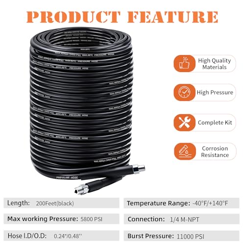 200FT Sewer Jetter Kit for Pressure Washer, 5800PSI Drain Cleaner Hose - color: Black -200FT hose