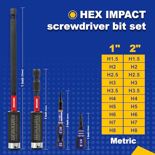 GEINXURN 22 Pieces 1 in./2In Multi Hex Head Impact Tough Magnetic Allen Wrench Drill Bits Set, Metric Power Bits Set, S2 Steel Hex Screwdriver Bit Set with 3”6”Extension Bit Holder - size: M-22