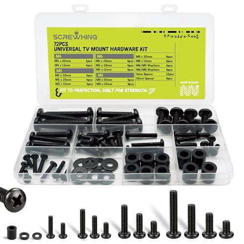 Universal TV Mount Screws Kit, M4 M5 M6 M8, Washers&Spacers, 72PCS, Black