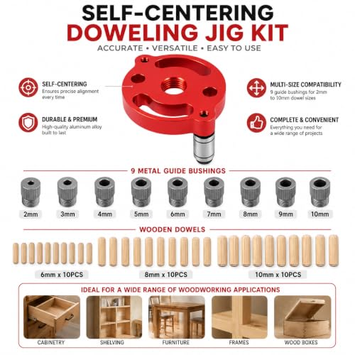Self Centering Doweling Jig – Handheld Drill Guide for Woodworking, Straight Hole Locator & Dowel Hole Puncher, Fits 2/3/4/5/6/7/8/9/10mm Drill Bits