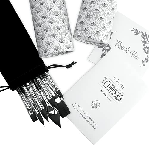 ARTEGRIA Watercolor Brush Set, 10 Soft Synthetic Squirrel Brushes - color: Black - 10pcs
